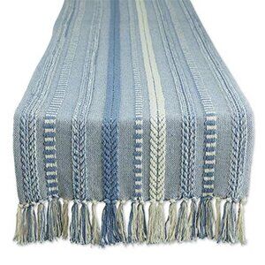 Cotton Table Runner Woven Braided Farmhouse Fringe Stonewash Blue 15x72 Inches